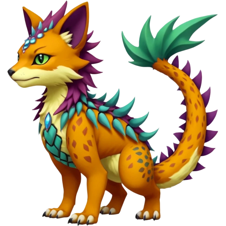 Kawaii cute reddish orangish yellowish greenish purplish exotic tribal beautiful pretty elegant divine edgy feline-vernid-sergal-Fakémon-Pokémon-Digimon-fursona-animal-creature with accessories, jewelries, full body, with intricate detailed markings, furs, fins, scales, spiny emoji