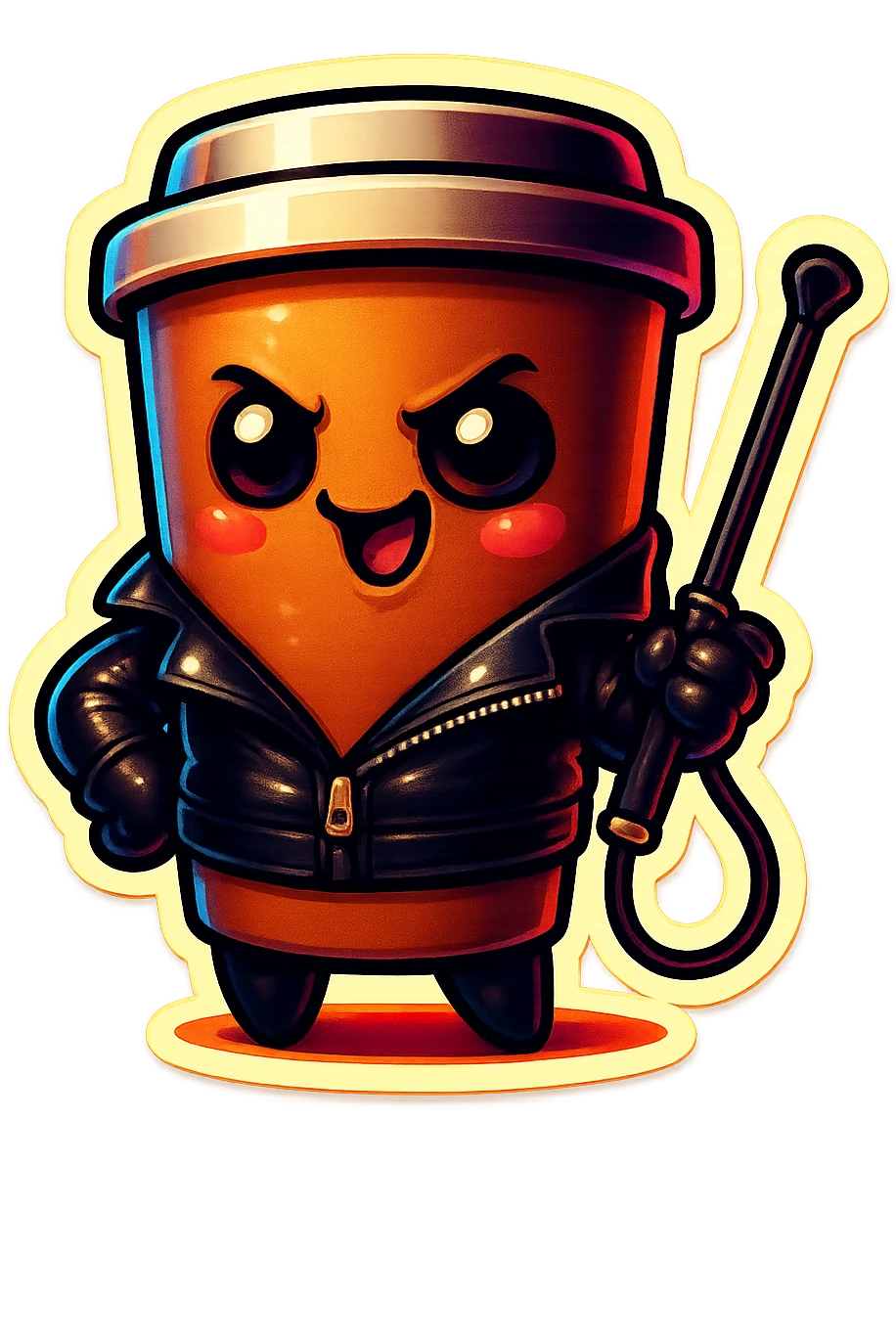 Tall coffee cup, dressed in leather holding a whipping crop, mischevious, emoji