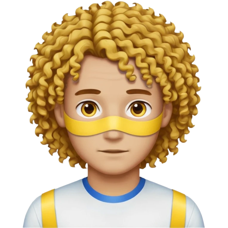 Make me an emoji that has a guy with a white shirt and yellow tape around the shirt with brown and blue spots hair make the hair curly make the yellow tape go around it emoji