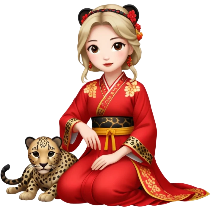 A beautiful girl in red Hanfu wedding dress sits on the ground holding a black leopard emoji