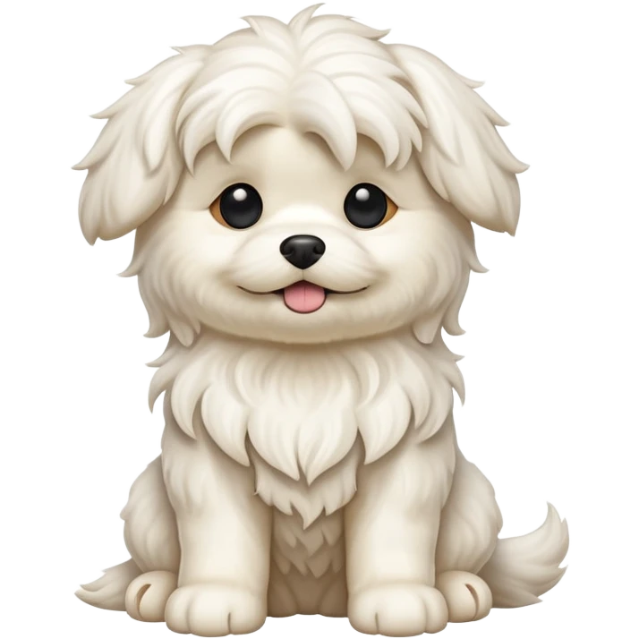detailed-[wavy haired maltese-dog]-realistic-full-body-sitting-emoji,-tail-resting-loosely-beside-its-paws,-head-tilted-dramatically,--wavy-[cream-white]-fur,-simplified-yet-realistic-focused-features,-highly-detailed,-glowing-with-an-almost-sarcastic emoji