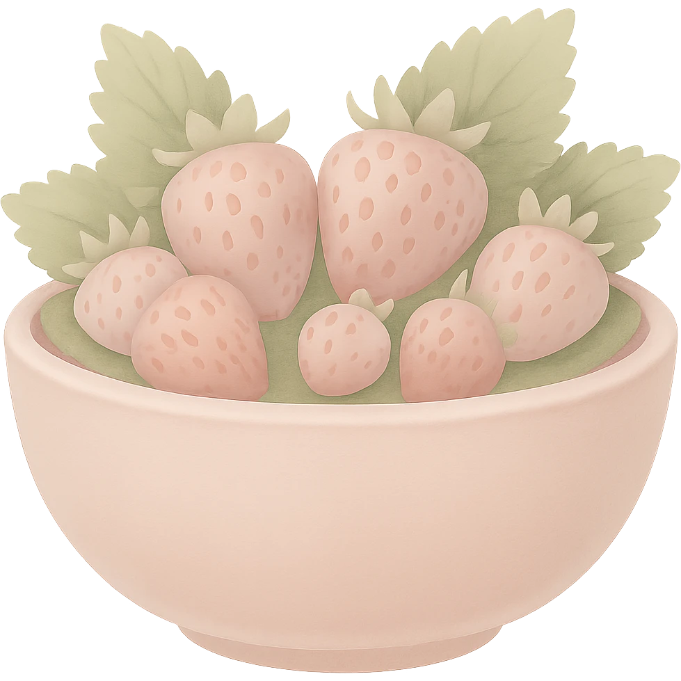 Make the colors of the big ornate pastel pink bowl with fresh strawberries softer and less saturated, avoid high contrast, keep the style as emoji, with no background. The style should resemble emoji style with soft pastel colors and no background. emoji