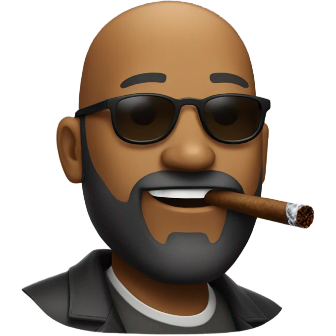 Bald Black man wearing sunglasses and smoking a cigar. He has a beard emoji