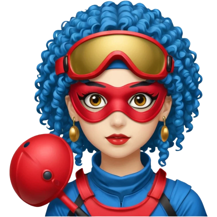 blue curly haired paintball playergirl with huge earrings, wearing red paintball eye mask helmet emoji