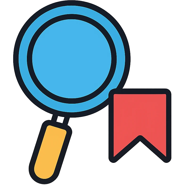 clean and modern magnifying glass with a save symbol like a bookmark or disk in the bottom right corner emoji