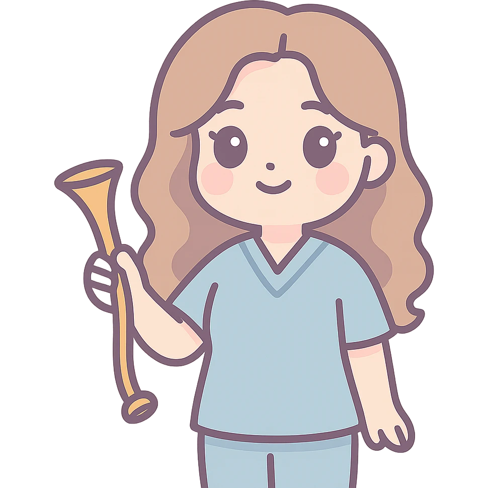 A kawaii style girl with appearance and clothing as in the reference, holding an obstetric stethoscope in one hand, the other hand down. Detailed shadows and highlights, thin clean contours, soft rounded shapes, pastel palette #98B5BC, #B5B3C1, #C9A3C9, #E4C0CA, #F7DCD1, #F7C0AA, soft lighting, transparent background, no decorative elements. emoji