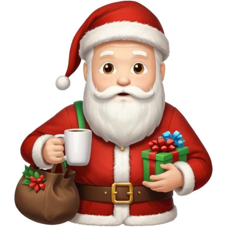 Санта клаус с мешком подарков за спиной и кружкой какао в руке emoji