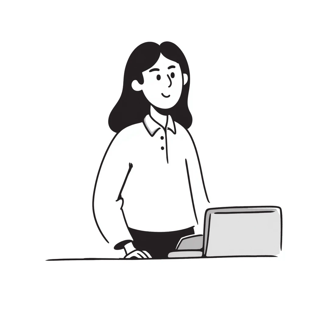Gender-neutral cashier with shoulder-length hair, standing behind a cashier desk, smiling, wearing a neutral-colored uniform emoji
