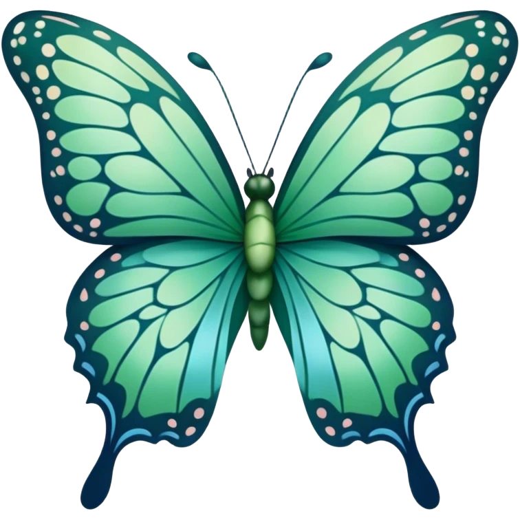 A delicate butterfly with deep green and pastel blue wings resting on a soft green satin ribbon. emoji