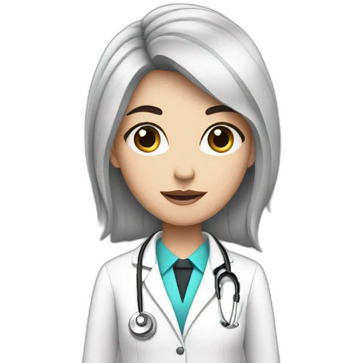 A white girl with black hair dressed like a doctor emoji