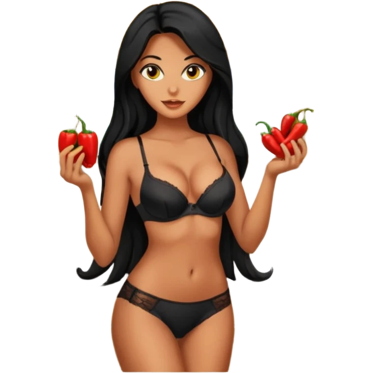 cooking, black long hair tanned woman, black bra and panties, spicy food, in kitchen emoji