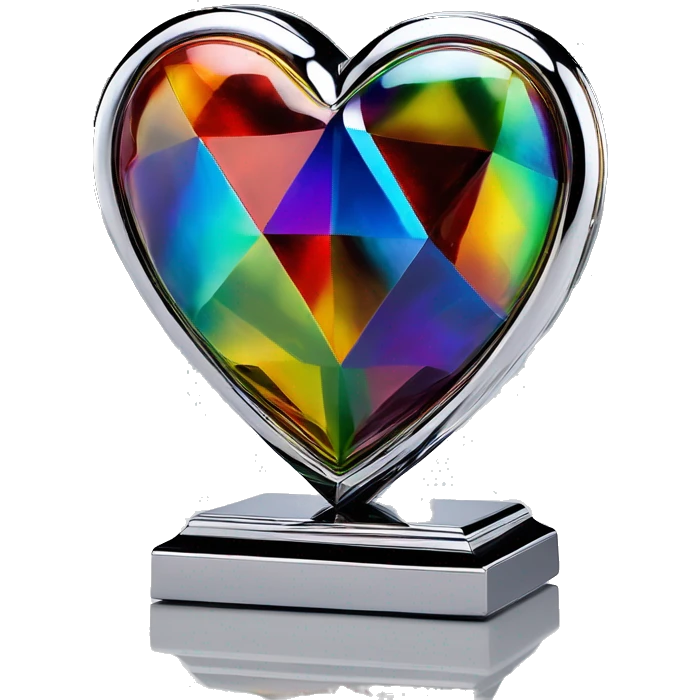 symmetric heart chrome sculpture symbolizing chromatic light with a geometric, faceted design. The heart is standing upright with angular and baroque features. The vibrant rainbow of colors highlights the sharp edges and planes.  emoji