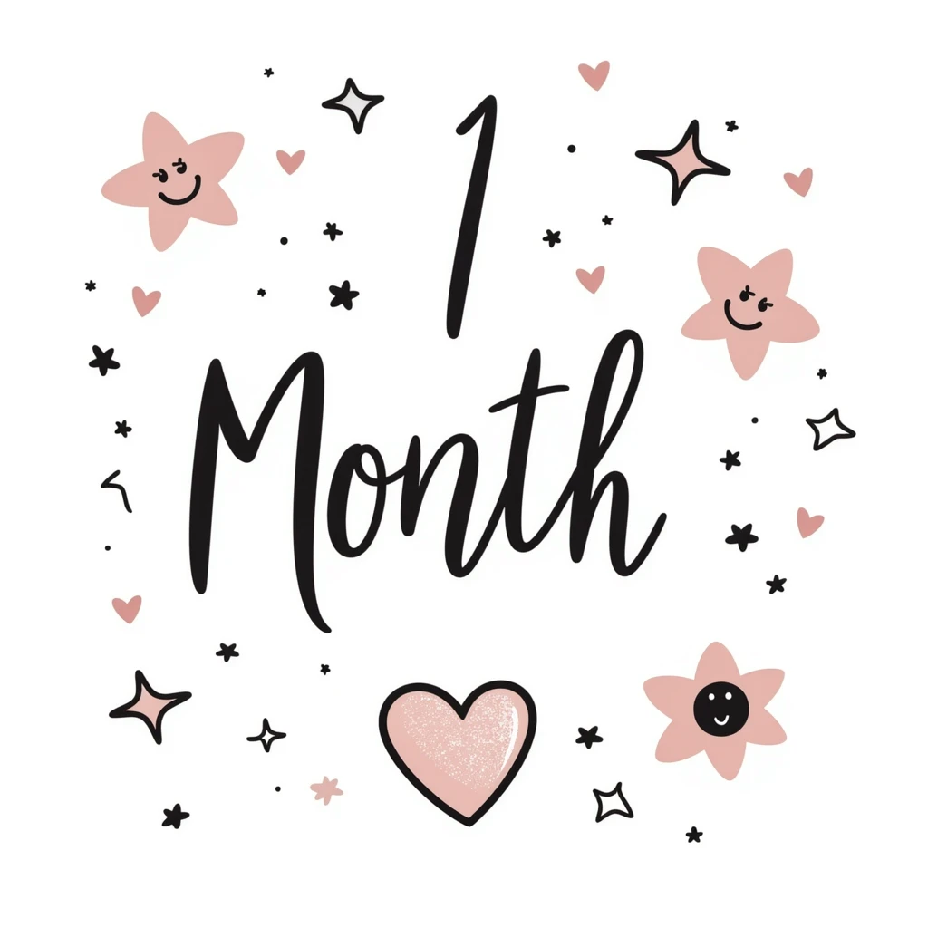 A cute pastel celebration design with sparkles and hearts, featuring "1 Month" in elegant handwriting, surrounded by friendship symbols like stars, pinky promise hands, smiling faces, and flowers. Warm and magical like a scrapbook memory collage for celebrating friendship. emoji