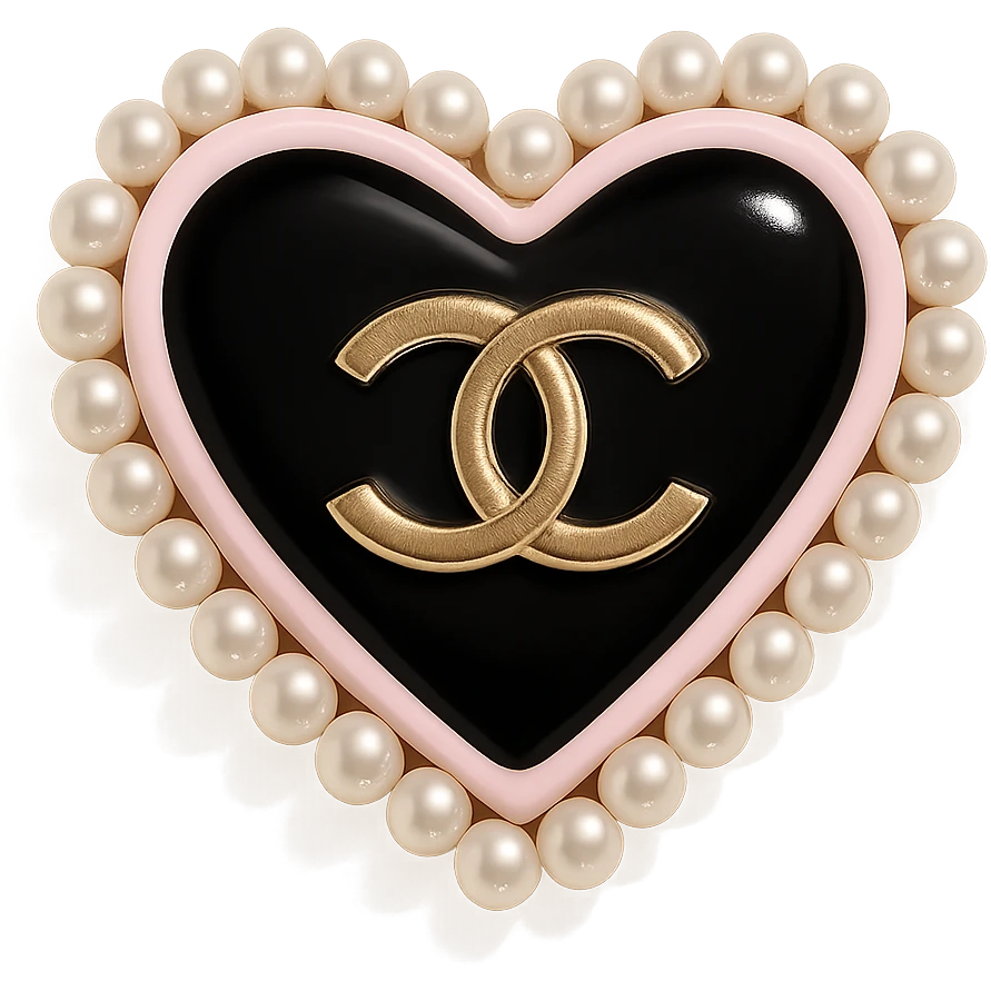  only the elegant heart with pearls and gold Chanel logo, glossy, pastel colors with no background. black pink,  emoji