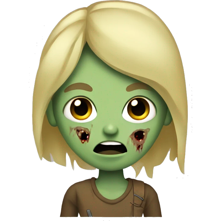 blonde-haired zombie, greenish skin, brown tshirt, scars, spooky eyes emoji