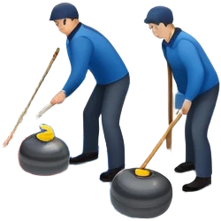 An icon showing a curling match on an indoor ice stadium, with a polished curling stone gliding toward the target and players sweeping. Spectators watch from stands, and flags hang above the rink. Transparent background highlights strategy and focus in the sport of curling. emoji