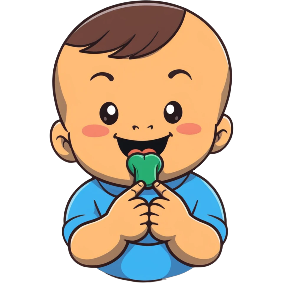 smiling baby boy teething with finger in mouth emoji