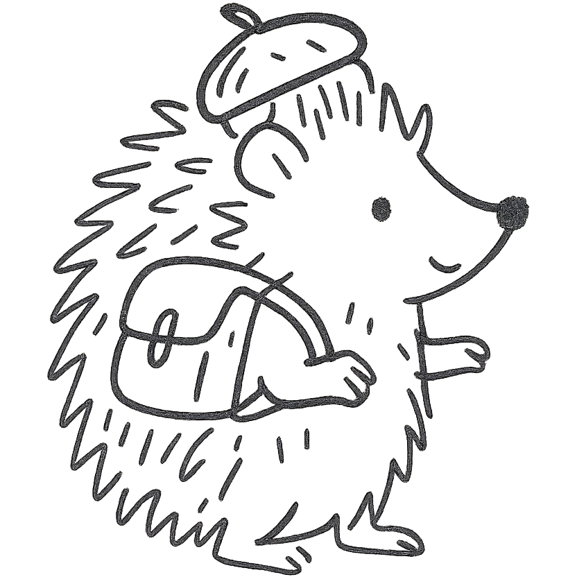 hedgehog with a tiny backpack and acorn hat, muted browns and sage green, hand-drawn forest style emoji