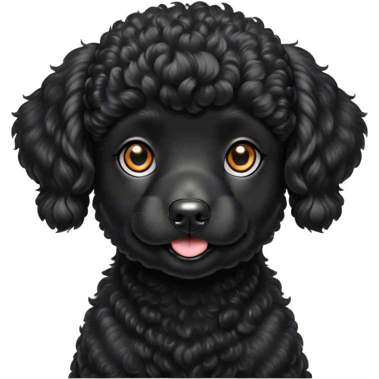 Cinematic Cute Black Poodle Portrait Emoji, Head tilted playfully and inquisitively, showcasing a bouncy, curly jet-black Fur with a striking sheen, round, sparkling dark eyes filled with curiosity, Simplified yet irresistibly adorable features, highly detailed, glowing with a warm, friendly glow, high shine, affectionate and lively, stylized with a touch of whimsy, bright and endearing, soft glowing outline, capturing the essence of a mischievous yet loving companion, so playful it feels like it could bounce out of the screen and into your arms! emoji