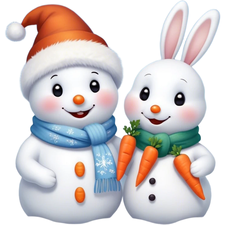 The detailed digital illustration shows a snowman in a Christmas hat and scarf. The snowman is depicted in close-up. Next to it is a cute bunny who wants to depict a snowman and holds a carrot with his paws at the level of his nose, thereby demonstrating to the snowman that his nose looks like a snowman's nose. The snowman is joyful, looks lovingly at the mischievous bunny. Snowflakes are falling from the sky, the whole scene should have a soft and cozy winter aesthetic. The style of this illustration is the same as that of the famous artist Evgenia Gapchinskaya. emoji