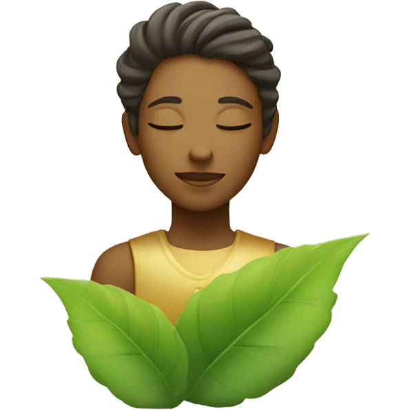 A calm and relaxed face with closed eyes and a gentle smile. It is surrounded by bright green leaves and a soft golden aura of light, conveying peace and spiritual serenity. emoji