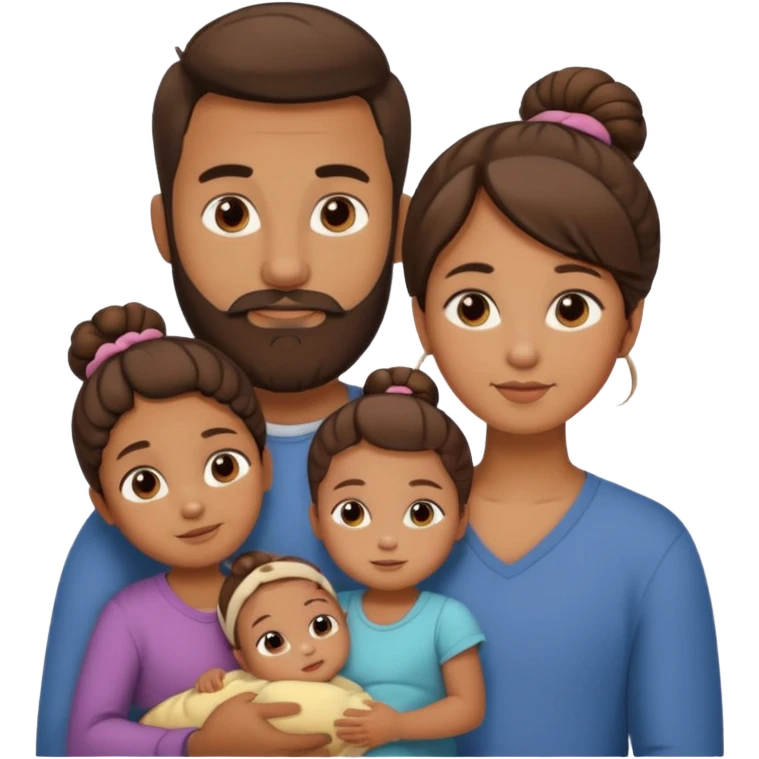 brown family of 5. mom has bun. dad has beard. teenage daughter. toddler son. and baby emoji