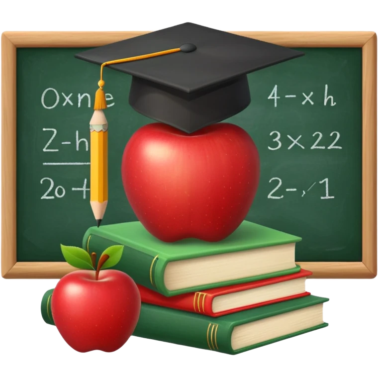 An icon featuring a chalkboard with educational equations, an apple, and a pencil, symbolizing pedagogy. The design includes a stack of books and a graduation cap, representing teaching and learning. Transparent background highlights the dedication to education and mentorship. emoji