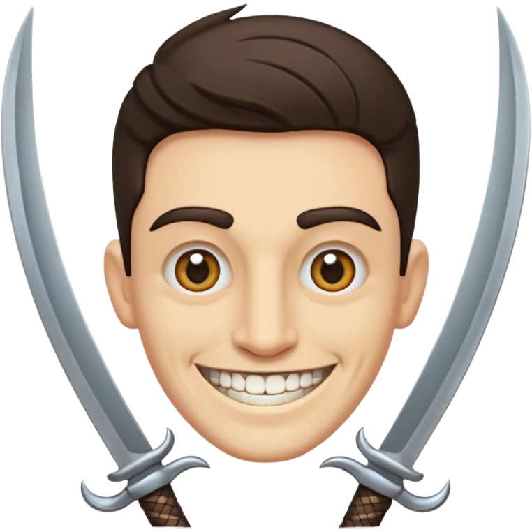 Haz que tenga una sonrisa epica una cicatriz en el ojo serrado y una espada entre los dientes y dos más a cada lado. emoji
