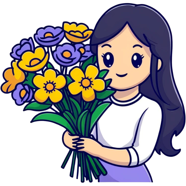 Beautiful girl with long black hair holding a bouquet of flowers emoji