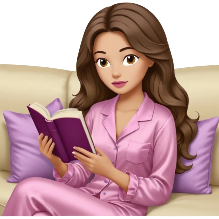 Woman with light tanned skin reading a book on Beige sofa. Long wavy brunette hair. Ivory silk pyjamas. Realistic. Foxeye with long lashes. Pinky mauve lips. emoji