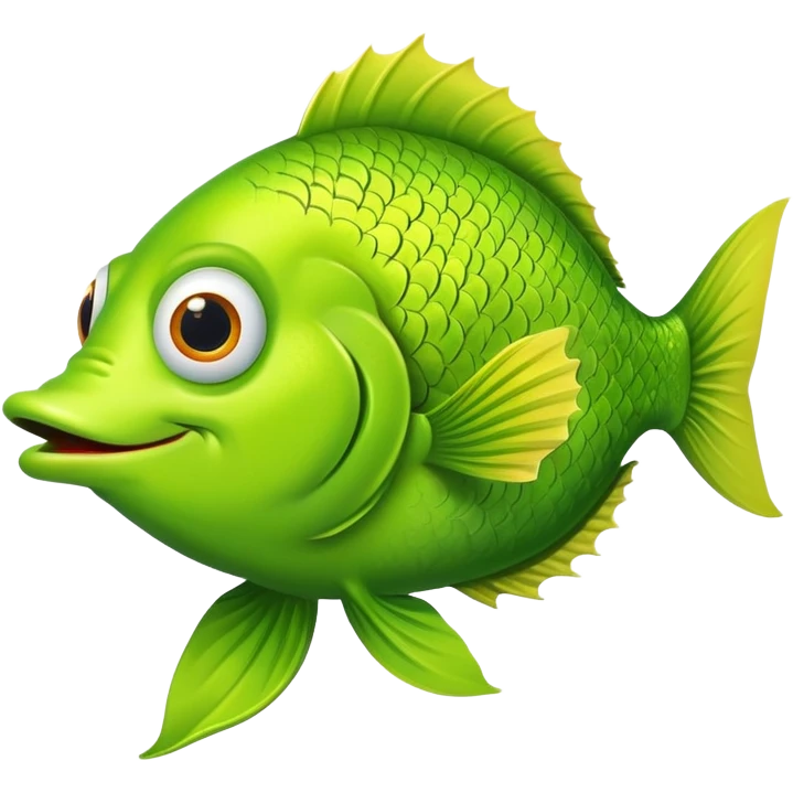 extremely goofy bright lime green fish with huge bulging eye and dopey smile, looking incredibly stupid and friendly, perfect flat side profile facing right, exactly 90 degrees, one eye visible emoji