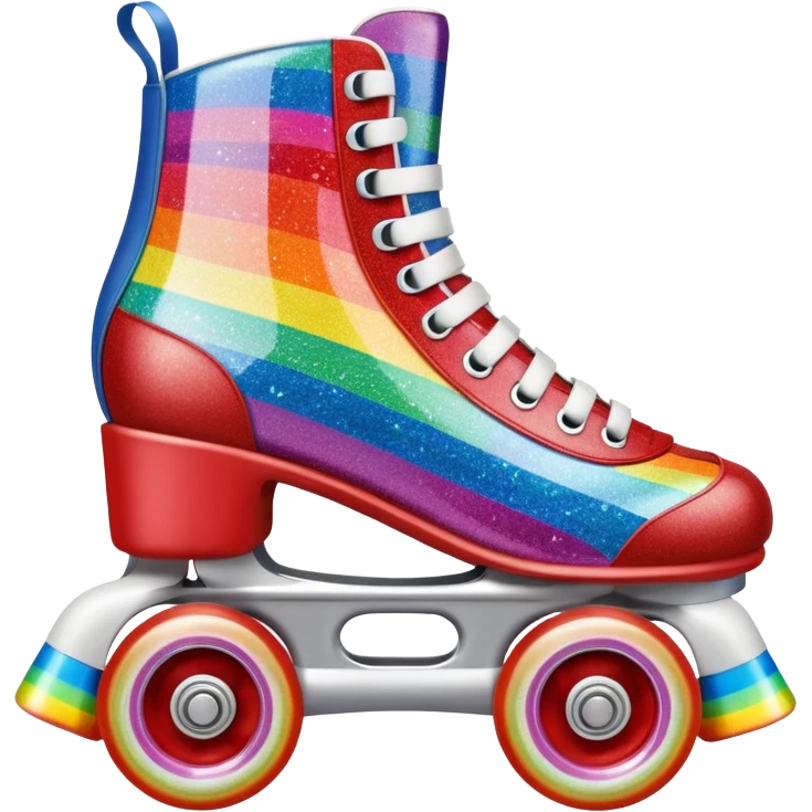 red vintage glitter roller skate with a white leather boot, rainbow stripes glitter emoji