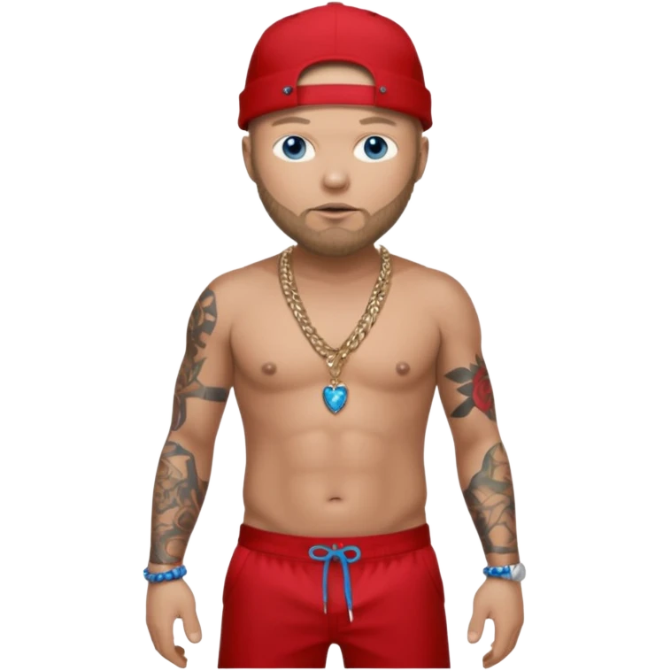 Fred Durst with metallic red pants, shirtless with necklace, blue eyes, dark blonde hair emoji