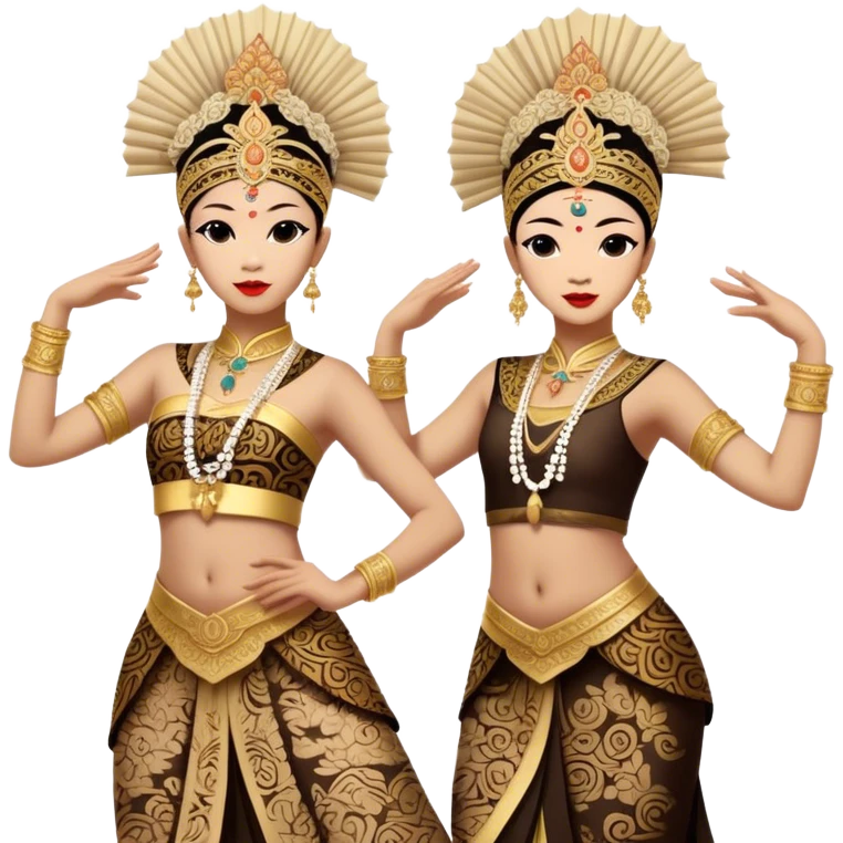 ​Cinematic Realistic Traditional Javanese Dancers, depicted as two graceful dancers in ornate traditional costumes with intricate batik patterns and elaborate headpieces, captured in dynamic poses during a ritual dance in an ancient temple courtyard, rendered with soft golden lighting and rich cultural textures, emoji