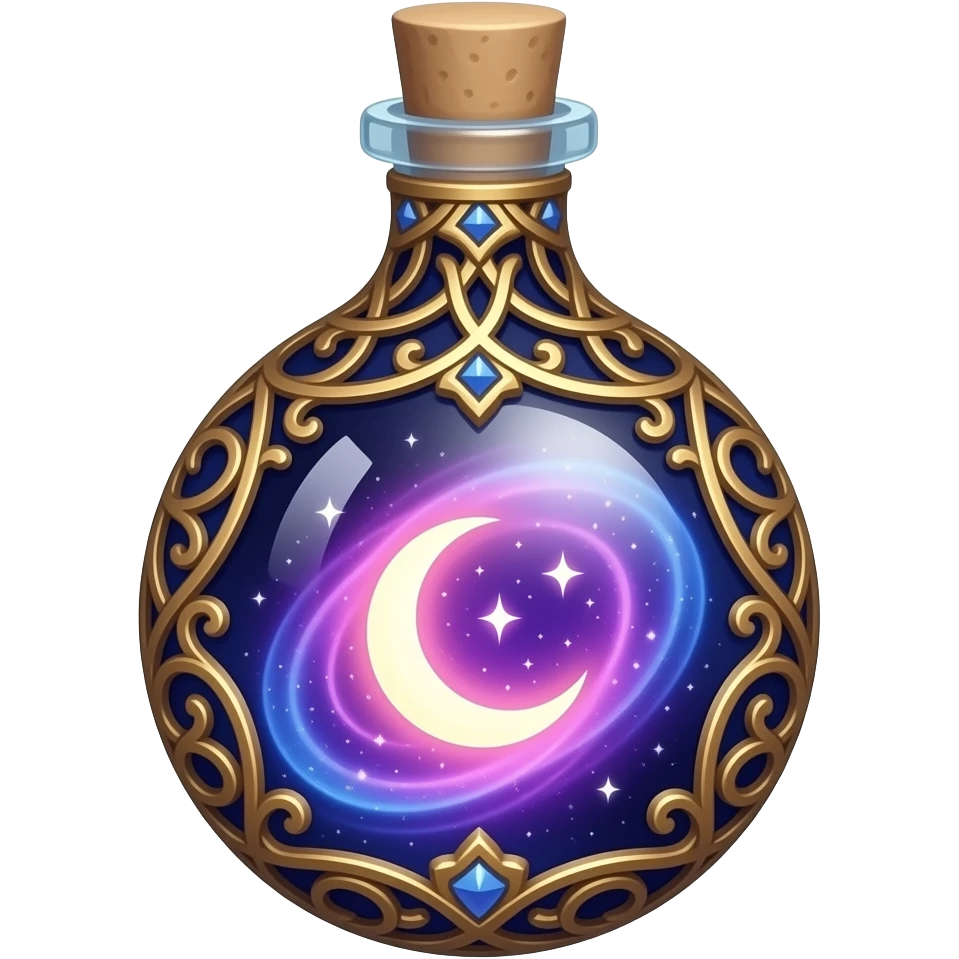 ornate glass vial with metallic filigree, swirling cosmic nebula inside, glowing purple‑pink‑blue light, crescent moon and tiny stars suspended in liquid, ethereal magical atmosphere emoji