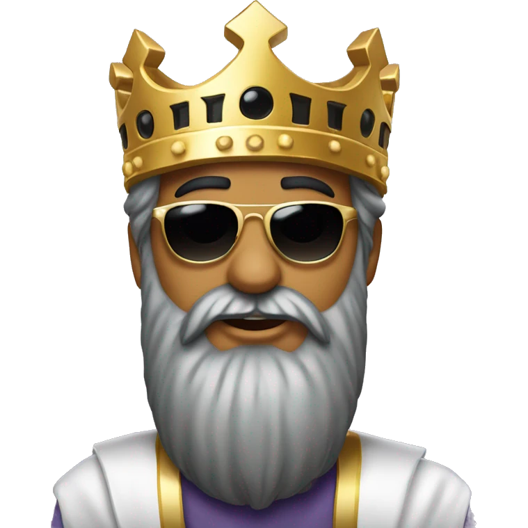 A man in an arafat with a large black beard and large square sunglasses, wearing a golden crown on top of the arafat emoji