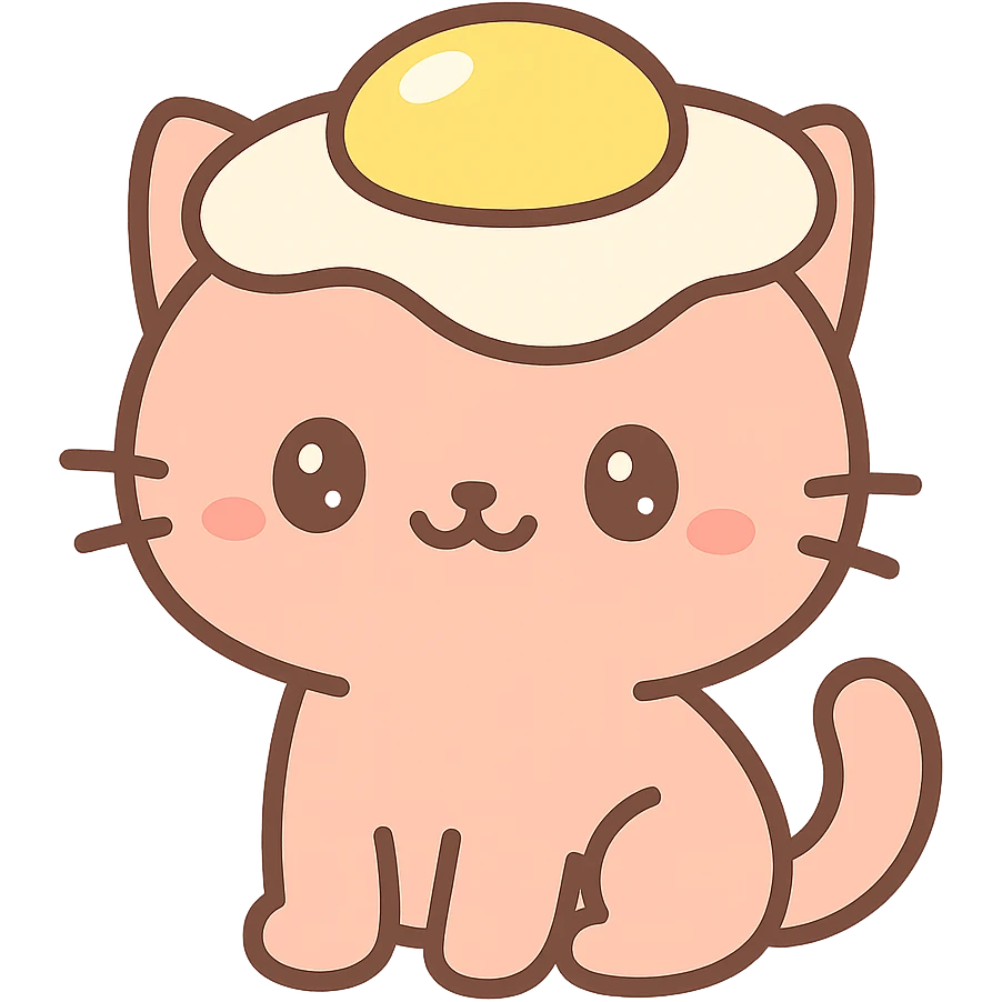 cartoon cat with a sunny side up egg as a hat, cheerful expression, playful and colorful emoji