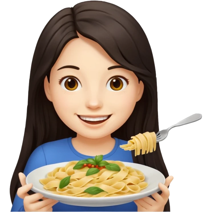 chica joven con piel clara y pelo oscuro largo comiendo un plato de pasta que parezca un emoji de iphone (sistema ios) emoji