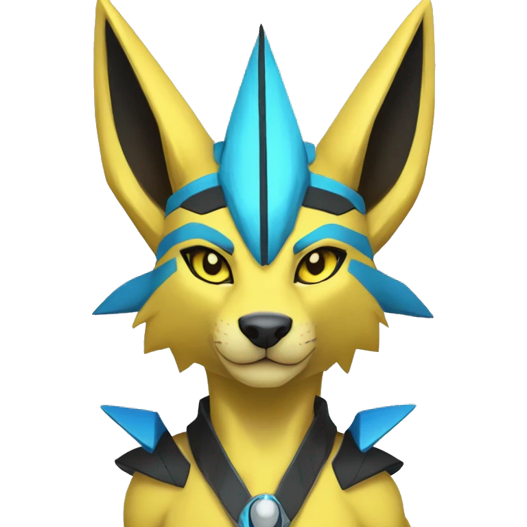Yellow Anthro Edgy Cool Zeraora-Anubis-Jolteon-Pokémon-Fakémon with shiny blue stripes Full Body Detailed High Quality  emoji