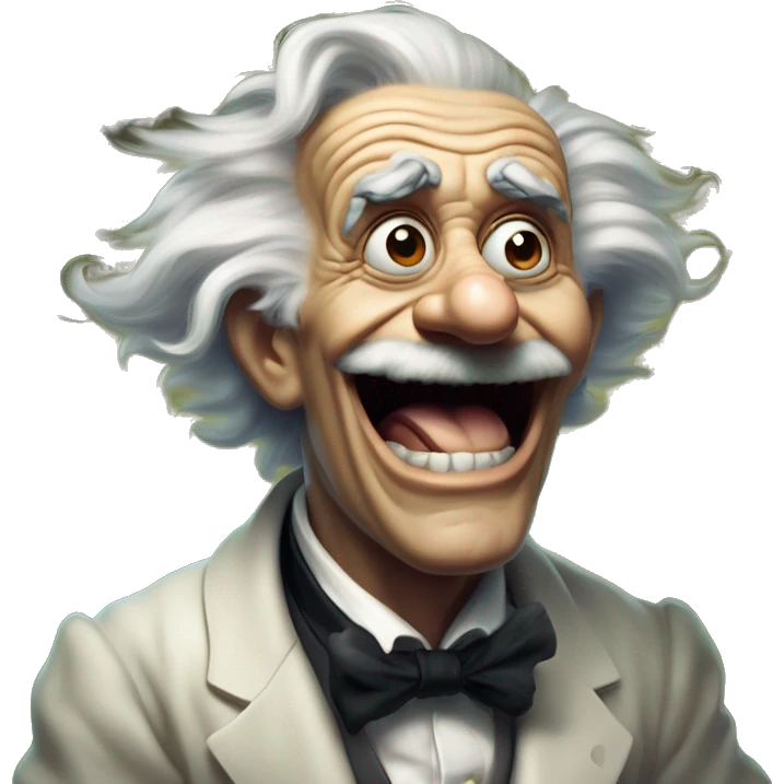 Laughing Frankenstein Einstein in Uncle Scrooge style, oil paint, mysterious eyes, intricate lips, masterpiece pose, odd perspective, beautiful, desirable, logical emoji