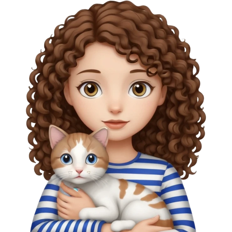 Haz un emoji de una chica con piel clara, ojos marrones, cabello castaño, rizado, cargando a un gato blanco con rayas negras y grises con ojos azules  emoji