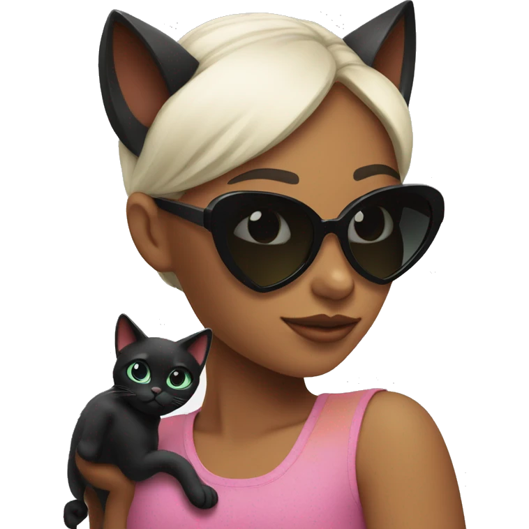 Girl in heart shaped sunglasses looking at black cat with sunglasses emoji