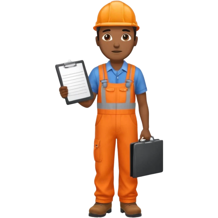 Indian male railway engineer orange overalls, boots holding a clipboard view from rear emoji