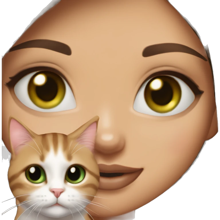 A girl with green eyes and dark brown straight hair, and makeup nude lipstick and eyelashes, slightly tanned, oval light pink fingernails, white top, holding a brown tabby cat with green eyes emoji