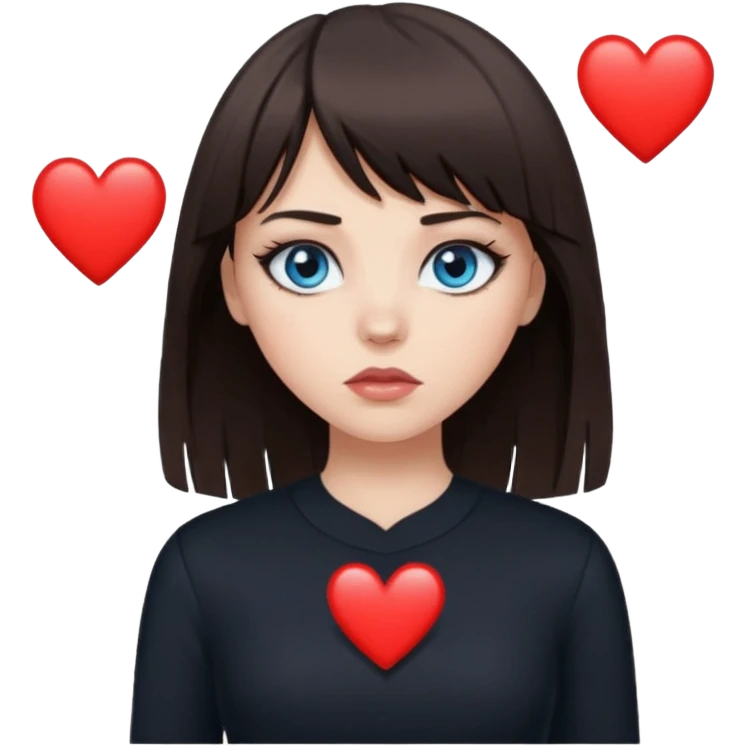 white girl with dark brown hair and bangs wearing black eyeliner with blue eyes wearing black clothes with a black broken heart above her head emoji
