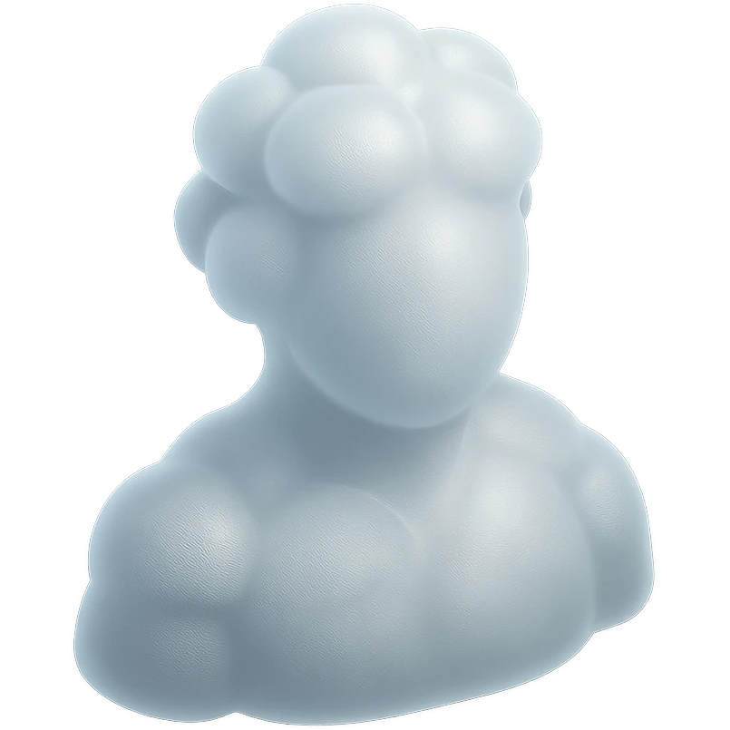 person made entirely of white fluffy convex clouds, shoulder up, front view, matte glass style emoji