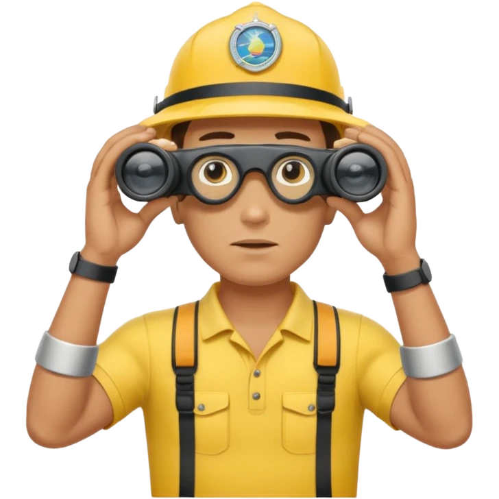 Male lifeguard – yellow shirt, binoculars in hand, scanning the sea emoji