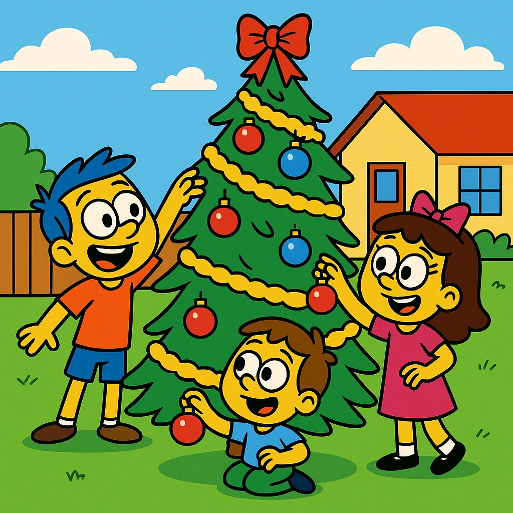 The children covered the tree in tinsel and ornaments. 3 children in house. Christmas incoming. emoji