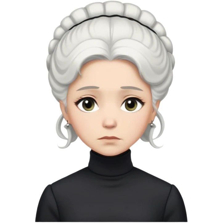 A Victorian woman with elegant coiffed white hair and light eyes wearing a modest unadorned monochrome black turtleneck mourning dress looking down with a forlorn expression emoji