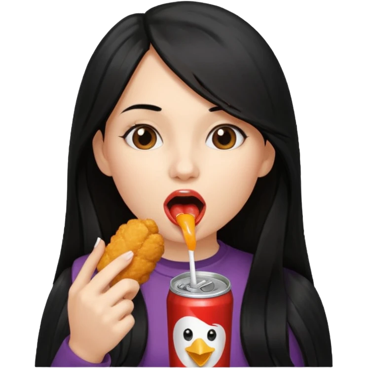 girl with long black hair eating with mouth on the chicken nugget and holding a soda can emoji